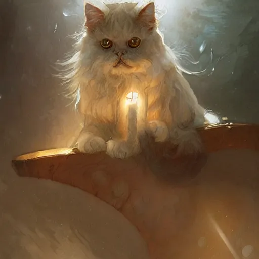 Image similar to Persian Cat, dark light night, intricate, elegant, sharp focus, illustration, highly detailed, digital painting, concept art, matte, art by WLOP and Artgerm and Greg Rutkowski and Alphonse Mucha, masterpiece