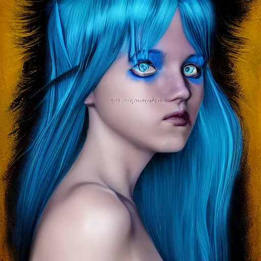 Prompt: portrait of young girl half dragon half human, dragon girl, dragon skin, dragon eyes, dragon crown, blue hair, long hair, highly detailed, By David Lynch