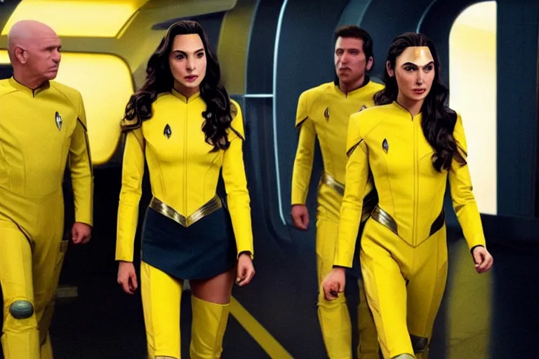 Image similar to Gal Gadot, wearing a yellow uniform, is the captain of the starship Enterprise in the new Star Trek movie