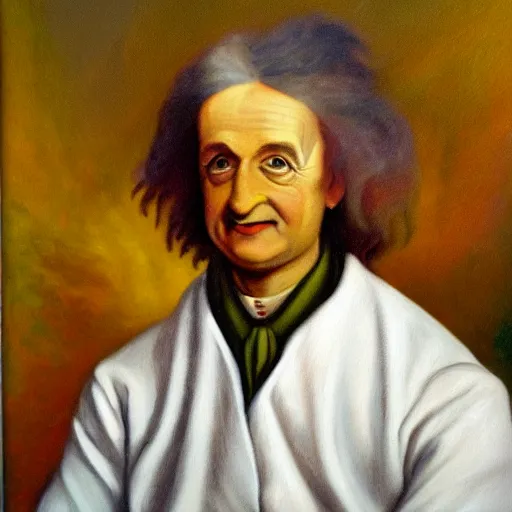 Image similar to oil painting portrait of the lovechild of Isaac Newton and Albert Einstein