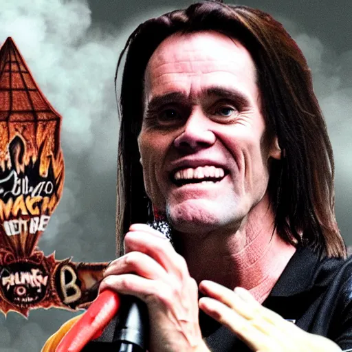 Image similar to Jim Carrey plays in a black metal band with a church on fire on the background