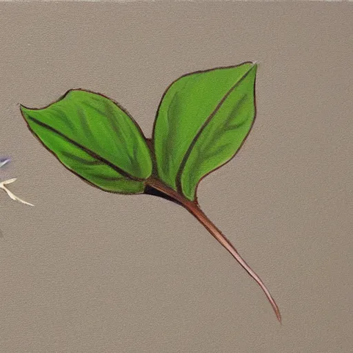 Image similar to detailed painting of a single small seedling on loose fresh earth, reveal its first leaf. muted colors and natural tones.