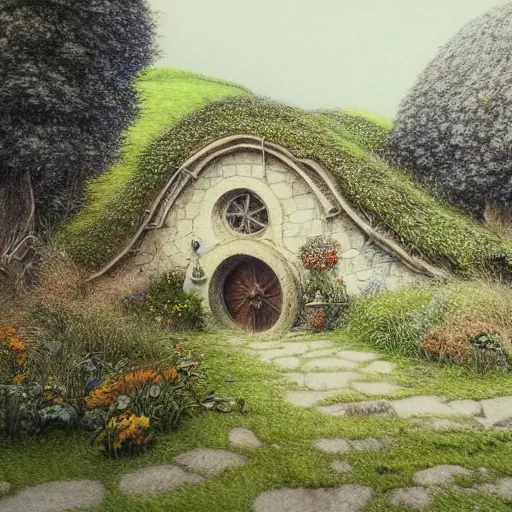 Image similar to beautiful serene hobbiton, by alan lee, lord of the rings, smooth, detailed terrain, pencil style, concept art, trending on art station.