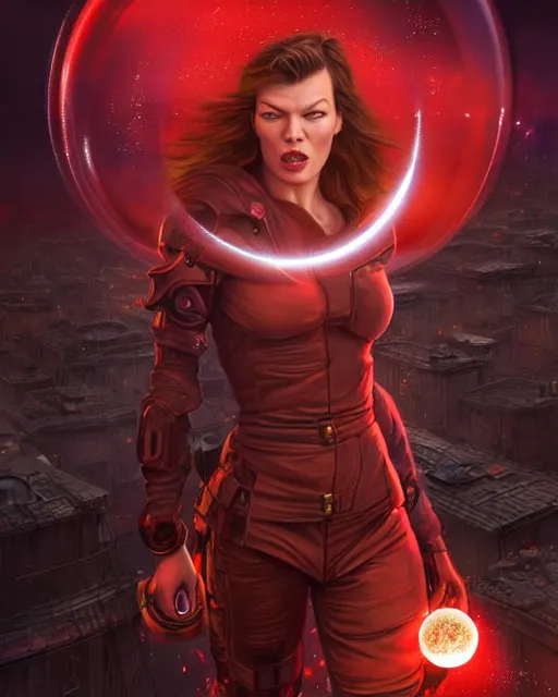 Prompt: Milla Jovovich surrounded by a red force field bubble and levitating high in the air above a destroyed dystopian city by night, shot from behind, ultra-wide angle, D&D, fantasy, intricate, elegant, highly detailed, digital painting, artstation, concept art, matte, sharp focus, illustration, hearthstone, art by Artgerm and Greg Rutkowski and Alphonse Mucha