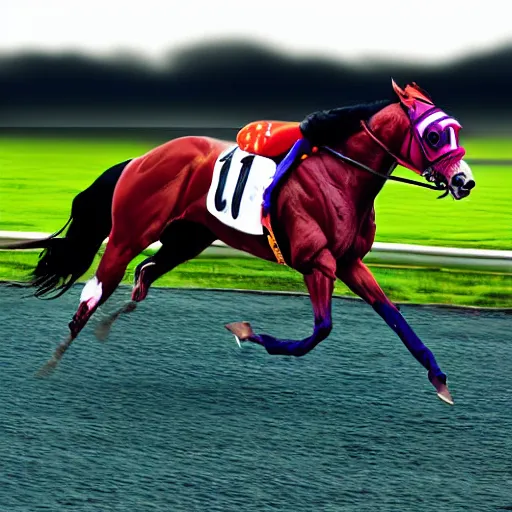 Image similar to close - up front view of a racing thoroughbred stallion ( with jockey in colorful outfit ) galloping extremely hard and emerging headfirst out of very dense ground fog to win a race at the track. photorealistic digital art.