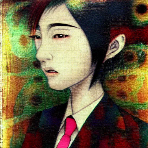 Prompt: yoshitaka amano blurred and dreamy realistic three quarter angle portrait of a young woman with short hair and black eyes wearing office suit with tie, abstract patterns in the background, satoshi kon anime, noisy film grain effect, highly detailed, renaissance oil painting, weird portrait angle, blurred lost edges