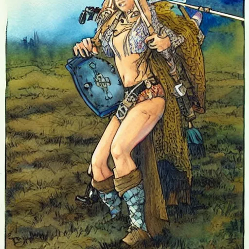 Image similar to a realistic and atmospheric watercolour fantasy concept art of britney spears dressed with scottish clothes and with bagpipe, muted colors. by rebecca guay, michael kaluta, charles vess and jean moebius giraud,