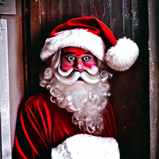 Prompt: glamour shot of a creepy Santa in the alleyway behind a dumpster from David Lynch's Christmas movie. The Santa has weird off-putting eyes. Soft lighting, film grain, VHS copy