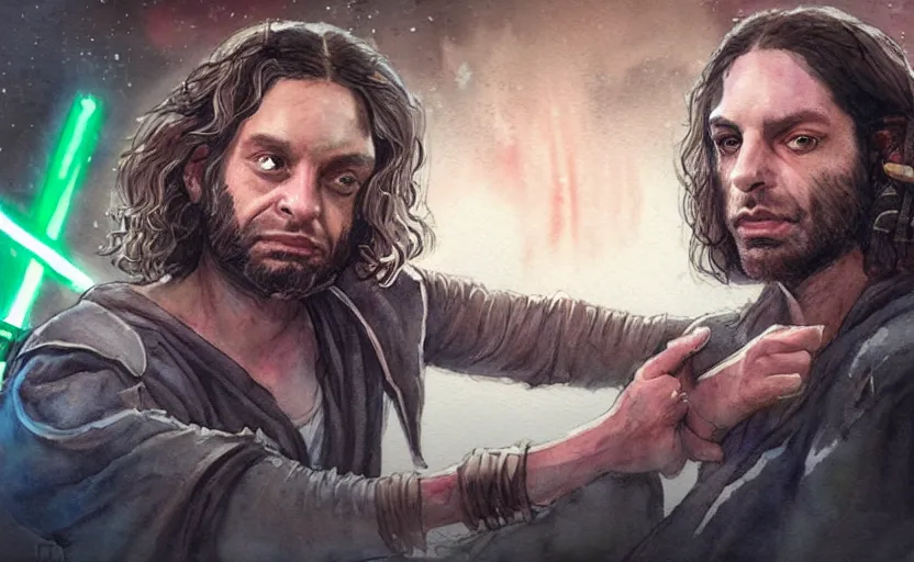 Prompt: an accurate realistic star wars watercolor fantasy concept art of a drug dealer that looks like chris d'elia looking angry in a sleazy futuristic bar of coruscant, hq, 4 k