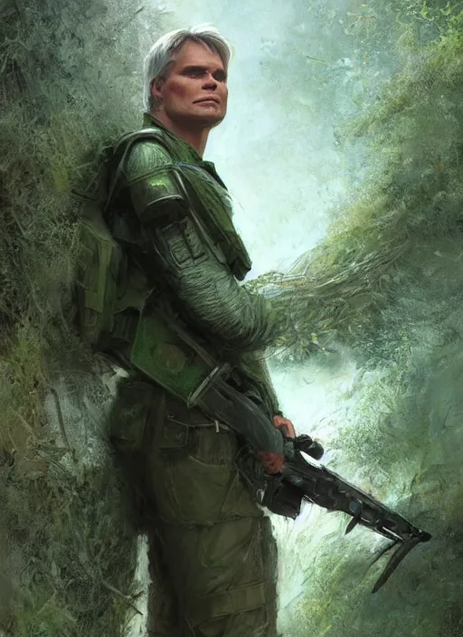 Image similar to portrait of a young richard dean anderson wearing a green combat uniform, in a post appocalyptic city overgrown by plants, by wlop, by luis royo, by greg rutkowski, cover illustration, concept art, volumetric lighting, volumetric atmosphere, sharp focus, octane render, trending on artstation, 8 k