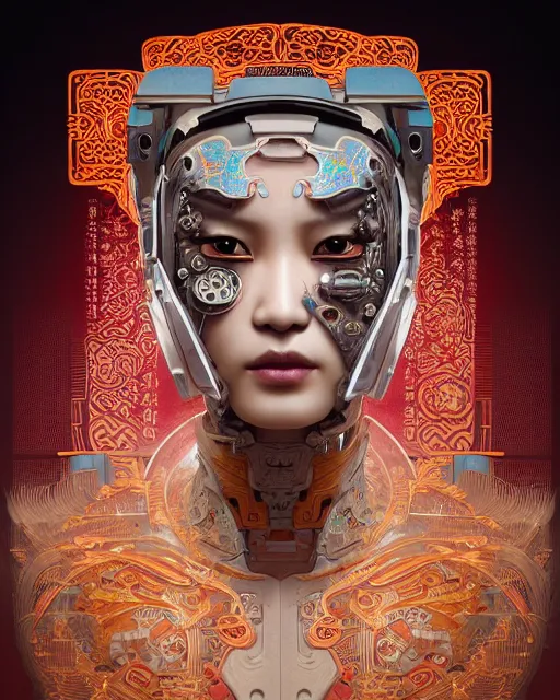 Image similar to portrait of a cyberpunk machine, machine face, upper half portrait, decorated with chinese opera motifs, asian, fine china, wuxia, traditional chinese art, intricate, elegant, highly detailed, symmetry, headpiece, digital painting, artstation concept art smooth sharp focus, illustration, art by artgerm and greg rutkowski alphonse mucha 8 k