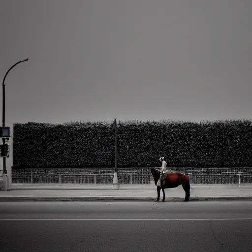 Image similar to a wandering horse left on the street, dark smoke in the background, filthy streets, broken cars. Vines growing. Jpeg artifacts. Trending on flickr. Colored photo. Samyang/Rokinon Xeen 50mm T1.5