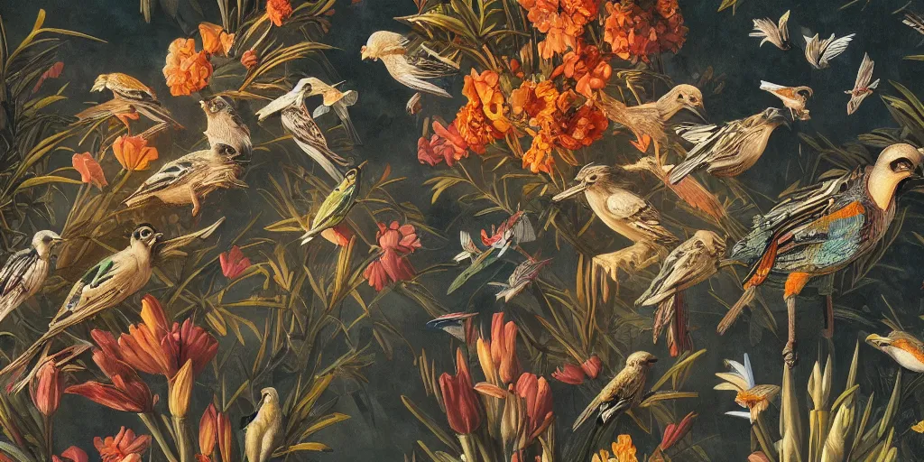 Image similar to breathtaking detailed concept art painting art deco pattern of birds amalmation blend of flowers and birds, by john james audubon, bizarre compositions, exquisite detail, extremely moody lighting, 8 k