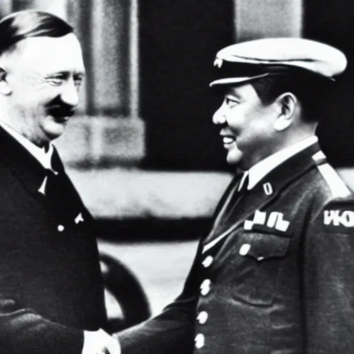 Image similar to historical picture of hitler handshake with soekarno, photosopped, realistic image, uhd picture, and photorealism, with detail image and description