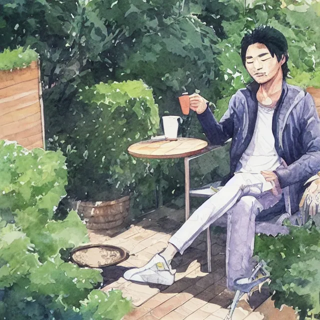 Image similar to ryuichi tanaka drinking coffee in the garden. watercolor by the award - winning concept artist