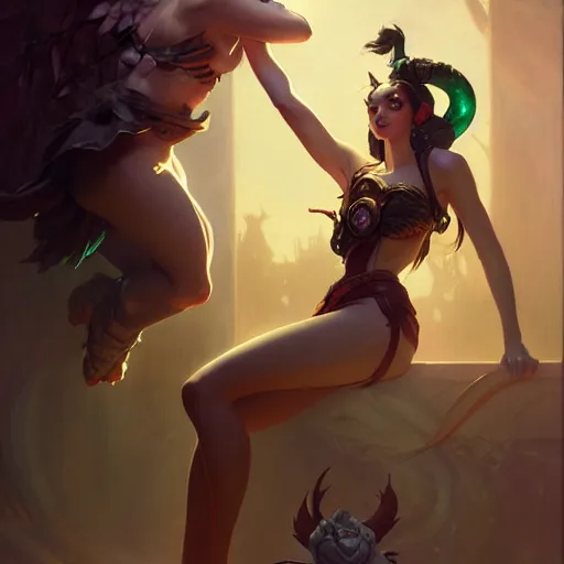 Image similar to Jinx of League of Legends, dark fantasy, medium shot, intricate, elegant, highly detailed, digital painting, volumetric light, artstation, concept art, smooth, sharp focus, illustration, art by Gil Elvgren and Greg Rutkowski and Alphonse Mucha