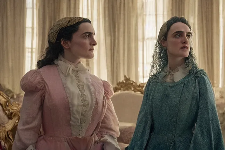 Prompt: mid-shot of Katie McGrath as the heiress in the new movie directed by Wes Anderson, symmetrical shot, idiosyncratic, relentlessly detailed, pastel colour palette, detailed face, movie still frame, concept art, promotional image, imax 70 mm