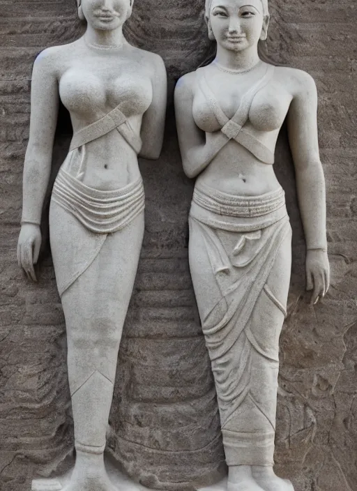 Image similar to photograph of a bas relief of lindsey pelas and gal gadot found in an ancient javanese temple, by charlotte grimm, natural light, detailed face, canon eos c 3 0 0, ƒ 1. 8, 3 5 mm, 8 k, medium - format print, half body shot