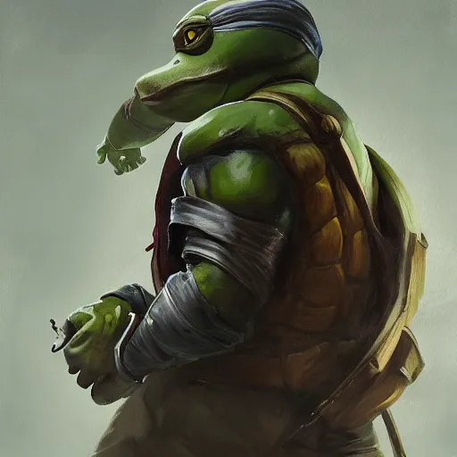 Image similar to portrait painting of our it guy, teenage mutant ninja turtle donatello, painted by greg rutkowski, dishonored 2