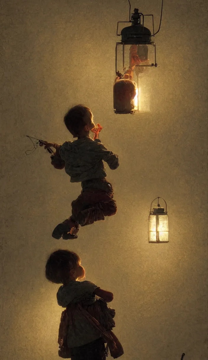 Image similar to a kid in a room full of infinite paintings using his lantern to iluminate the walls, part by Norman Rockwell, part by Greg Rutkowski , part by Mattias Adolfsson, high angle, intricate, detailed, (((volumetric lighting))), oil on canvas