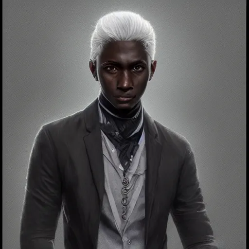 Image similar to ultra realistic illustration, young man with dark gray skin, short white hair, intricate, with dark clothes, elegant, highly detailed, digital painting, artstation, concept art, smooth, sharp focus, illustration, art by artgerm and greg rutkowski and alphonse mucha