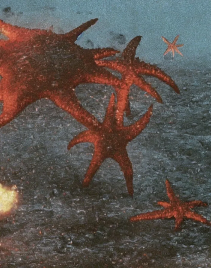 Image similar to a filmstill of a north korean monster movie, kaiju - eiga monster starfish - like trampling a traditional korean palace, foggy, film noir, epic battle, etheral, explosions, communist starfish, thriller, by akira kurosawa and wes anderson video compression