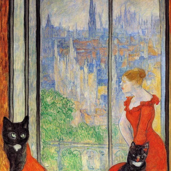 Image similar to woman in vermillion dress and white cat with city with gothic cathedral seen from a window frame with curtains. thunderstorm. bonnard, henri de toulouse - lautrec, utamaro, matisse, monet