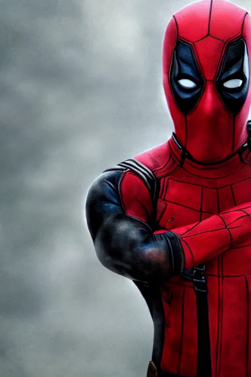 Prompt: characters portrait of Deadpool mixed with Spiderman by Alyssa Monks, full-shot, merged character, Full body shot, cinematic opening shot, 4k, highly detailed, cinematic lighting