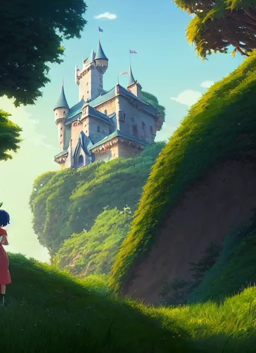 Image similar to a wholesome animation key shot, castle in the background, foliage in the foreground, studio ghibli, pixar and disney animation, sharp, rendered in unreal engine 5, anime key art by greg rutkowski, bloom, dramatic lighting