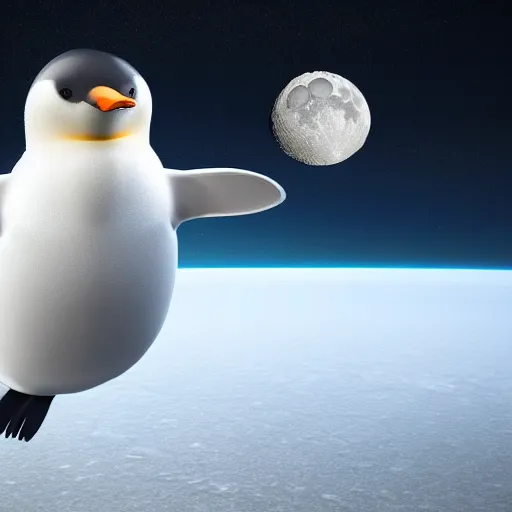 Image similar to a realistic highly detailed 3D render of a penguin dressed as an astronaut, floating in space, moon in the background, octane render, 4k, trending