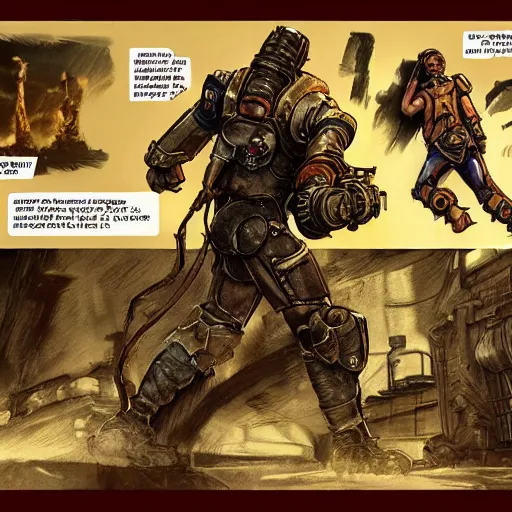 Prompt: fallout 5, concept art drawings of the opening scene, storyboard, concept art, comic style, female protagonist and feline companion, both wearing some kind of body armour, atmospheric lighting, painted, intricate, volumetric lighting, beautiful, gritty, rich deep colours masterpiece, sharp focus, ultra detailed by jack kirby, ignacio fernandez rios, thierry doizon
