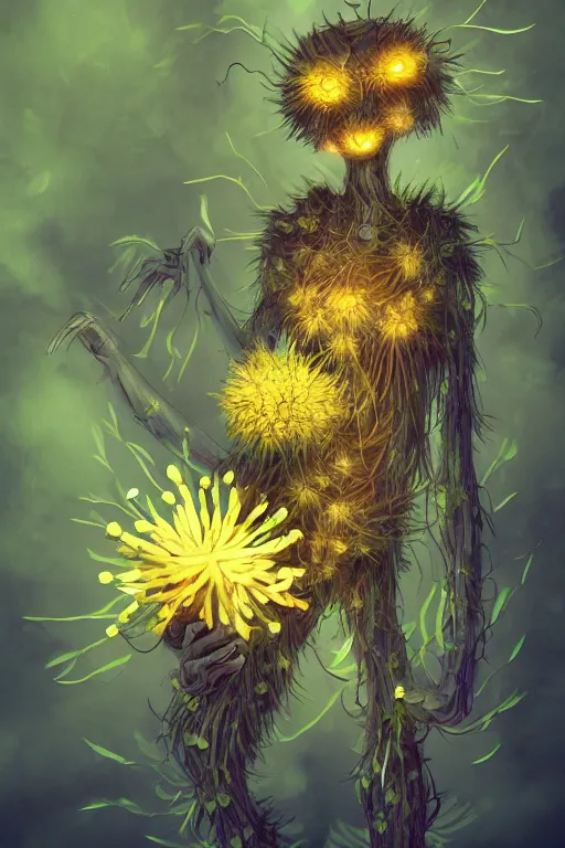 Prompt: a humanoid figure dandelion plant monster, amber eyes, highly detailed, digital art, sharp focus, ambient lighting, glowing, trending on art station, anime art style