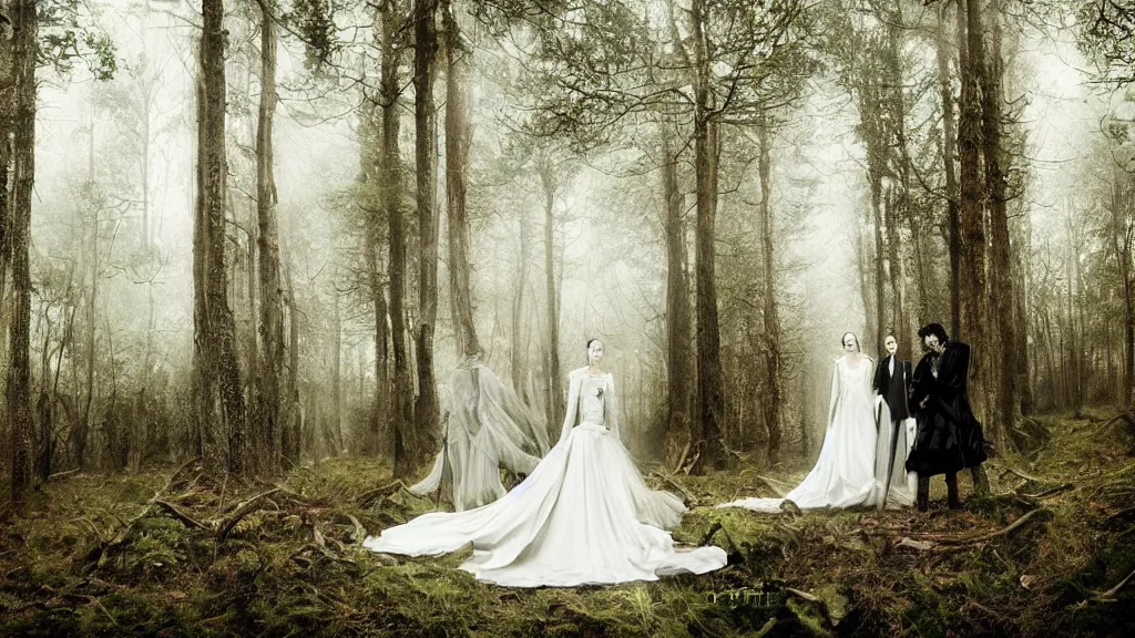 Image similar to eerie atmospheric symmetrical vogue wedding photography in a forest by paolo roversi