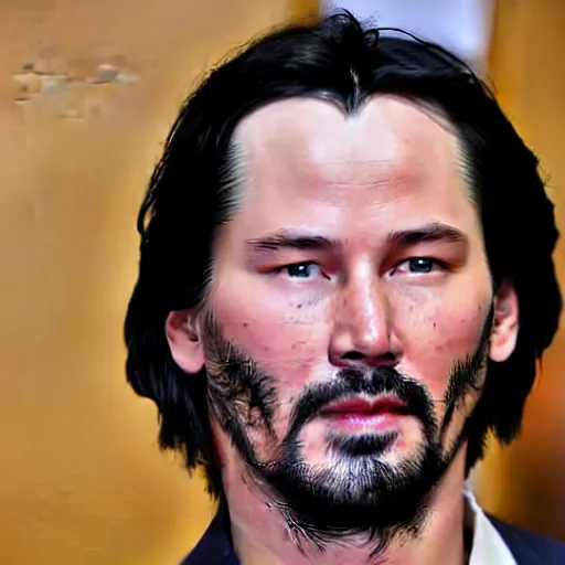 Image similar to a man who is a genetic combination of keanu reeves and leonardo dicaprio face and upper - body focus