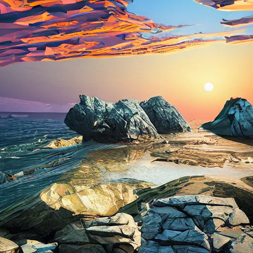 Image similar to super detailed color lowpoly art, northern sunset with rocks on front, monochrome photorealistic bay in the middle of perspective and mountains at background, big graphic seiner ship, unreal engine, high contrast color palette, 3 d render, lowpoly, colorful, digital art, perspective, full volume composition, robb cobb, syd mead