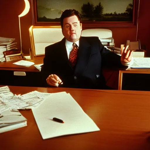 Image similar to cinematic film still from 1 9 9 4 film : portly clean - shaven white man wearing suit and necktie at his desk. he has his right foot propped up on his desk. xf iq 4, f / 1. 4, iso 2 0 0, 1 / 1 6 0 s, 8 k, raw, dramatic lighting, symmetrical balance, in - frame