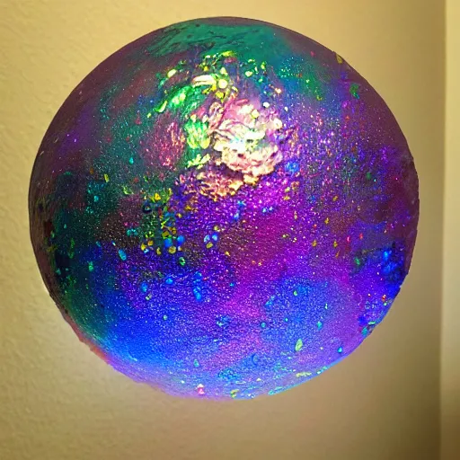 Prompt: cratered!! moon sculpture made of iridescent glass, oil slick colors, very detailed photorealistic painting, surrounded by hanging paper stars