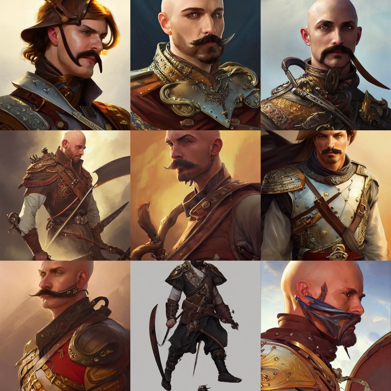 Prompt: bald male swashbuckler, cuirass, moustache, D&D, fantasy, highly detailed, digital painting, artstation, concept art, sharp focus, illustration, art by artgerm and greg rutkowski and alphonse mucha