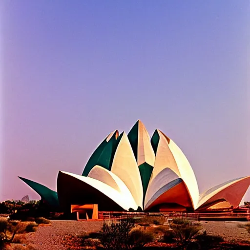 Image similar to futuristic lotus temple with gold, red and white marble panels, in the desert, by buckminster fuller and syd mead, intricate contemporary architecture, photo journalism, photography, cinematic, national geographic photoshoot