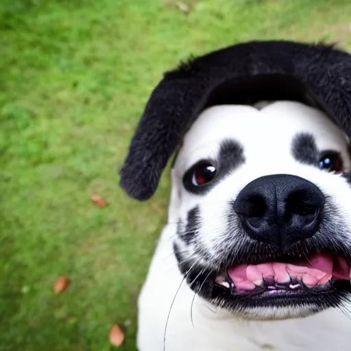 Prompt: widest fish eye lens extremely close to happy dog