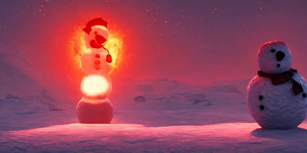 Image similar to a melted glowing snowman melting on top of the sun. the ground is made of fire and lava and is glowing orange. cinematic, dramatic, epic, volumetric lighting, atmospheric, red, orange extremely coherent, 8 k, space, warm, blade runner 2 0 4 9