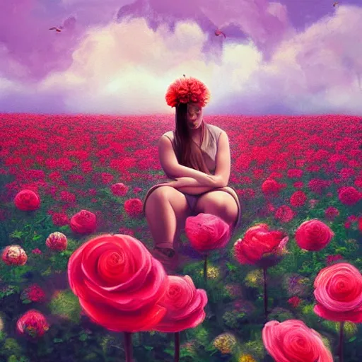 Image similar to giant rose flower head, full body girl sitting in a flower field, surreal photography, sunrise, dramatic light, impressionist painting, colorful clouds, digital painting, artstation, simon stalenhag