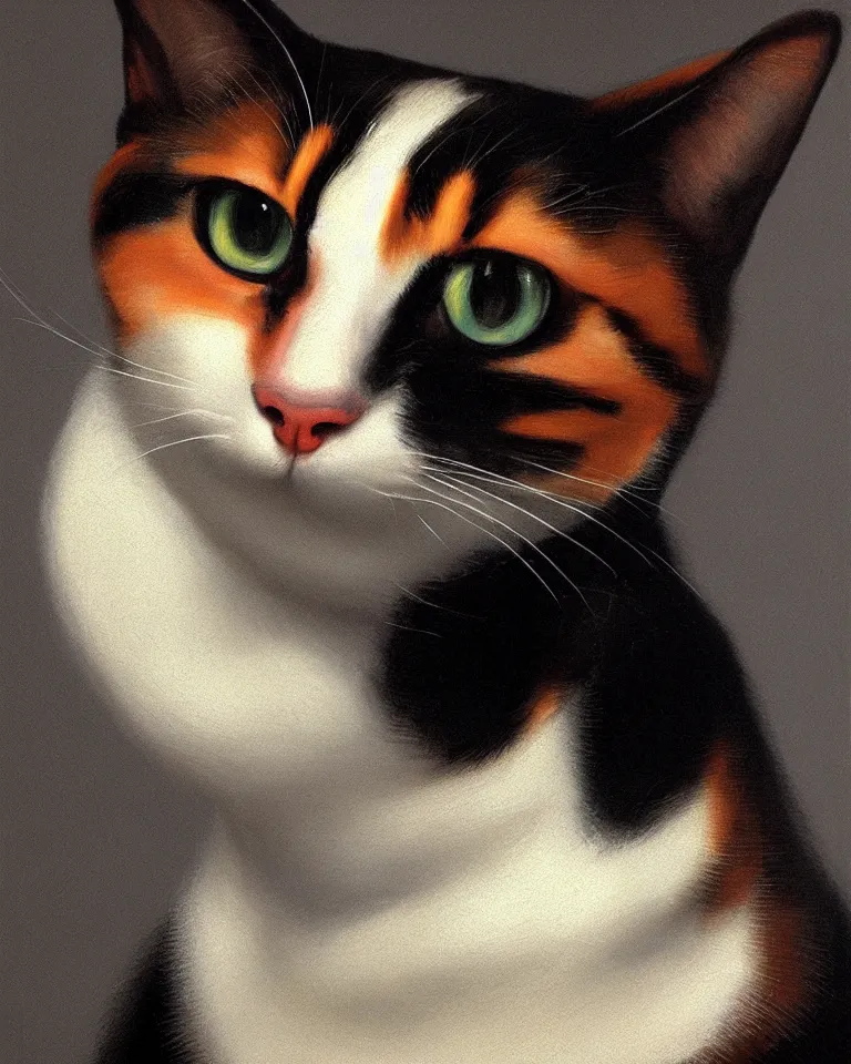 Image similar to close up portrait of one calico cat by vermeer. black background, three - point lighting, enchanting, realistic features, realistic proportions, centered, trending on artstation.