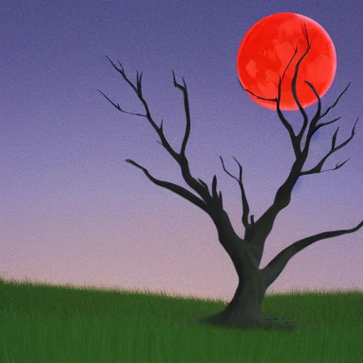 Prompt: Rolling hills at night, blood red moon, solitary tree, photorealistic