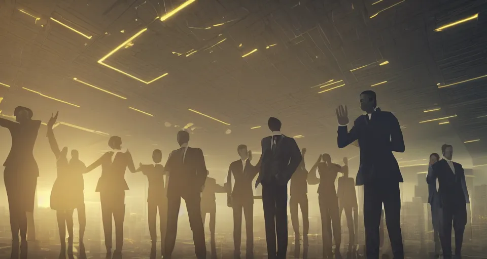 Image similar to Dramatic photo of a CEO waving goodbye to a group of silhouettes of his coworkers in a futuristic office. Golden coins are levitating all around them. 8k, high detail, trending on Artstation, volumetric lighting, cyberpunk