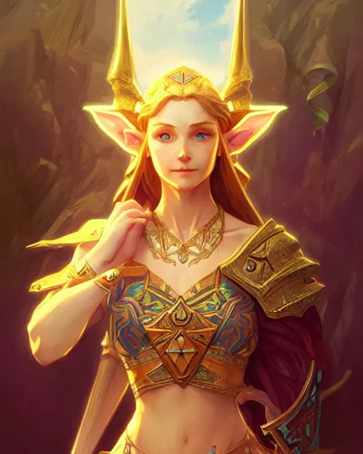 Image similar to zelda with triforce, fantasy, intricate, elegant, highly detailed, digital painting, artstation, concept art, wallpaper, smooth, sharp focus, illustration, art by artgerm and greg rutkowski and alphonse mucha and wlop