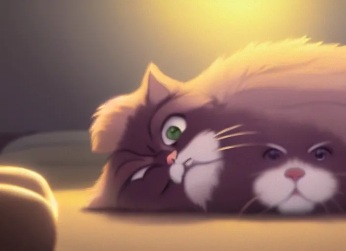 Image similar to a wholesome animation key shot of a persian cat sleeping, long fur, close up, studio ghibli, pixar and disney animation, sharp, rendered in unreal engine 5, clear sky, anime key art by greg rutkowski, bloom, dramatic lighting