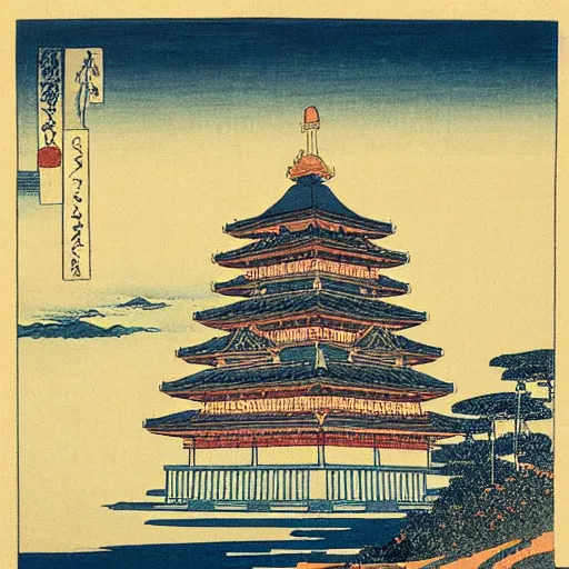 Prompt: Palace by the sea by Hokusai,