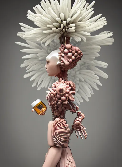 Image similar to marble mannequin carrying perfume bottle, biomechanical corals daisies rhizomorphs in an ivory room well contoured smooth fair walls, up close shot, sharp focus, global illumination, radiant light, alexandre ferra white mecha, irakli nadar, octane highly render, 4 k, ultra hd,