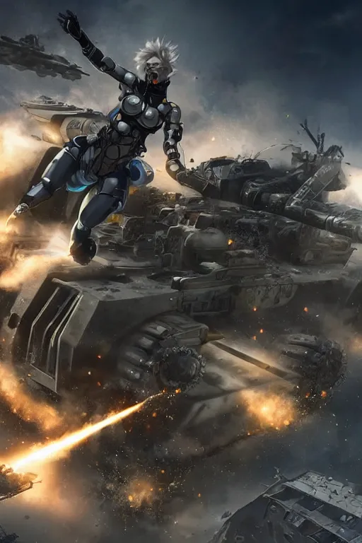 Prompt: an epic view of a futuristic cyborg woman lifting a military tank above her head, on a battlefield, smoke, fires, distant explosions, in the style of masamune shirow, cinematic, hyper - realistic, highly detailed digital art